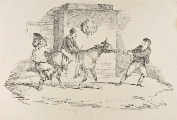 THREE CHILDREN PLAYING WITH A DONKEY