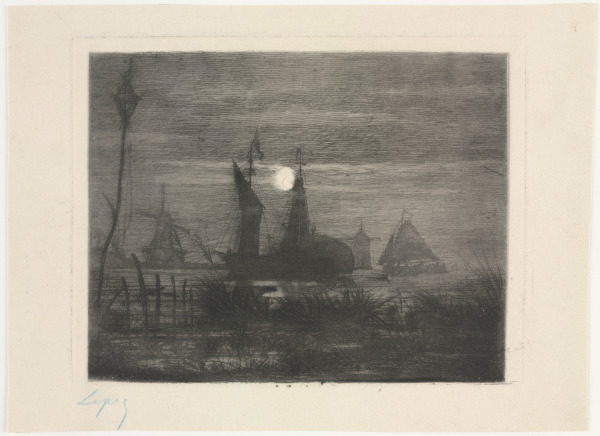 LANDSCAPE WITH BOATS AND WINDMILL BY MOONLIGHT