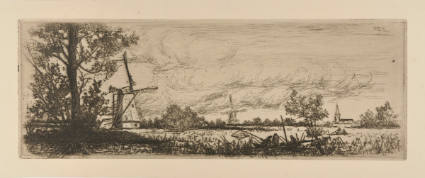 Bords de rivière ombreux avec deux moulins et clocher à droite