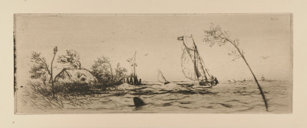 RIVER WITH SHIP AND SEMAPHORE, BUOY FLOATING IN THE FOREGROUND