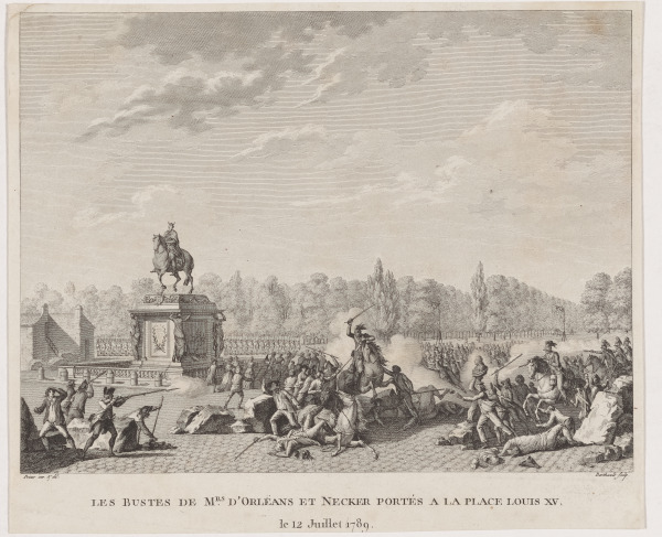 LES BUSTES DE MRS. D'ORLÉANS ET NECKER PORTÉS À LA PLACE LOUIS XV LE 12 JUILLET 1789