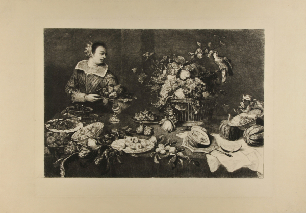 WOMAN AT TABLE COVERED WITH FRUIT
