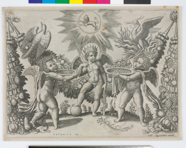 TWO PUTTI PRESENTING CUPS FULL OF GOLD TO THE GOD OF RICHES