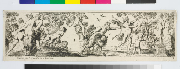 SATYR SHOOTING ARROWS AT STATUE, MERCURY IN BACKGROUND