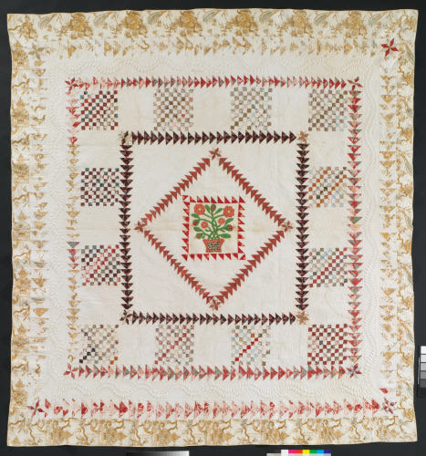 FLORAL BASKET MEDALLION QUILT WITH FLYING GEESE BORDERS