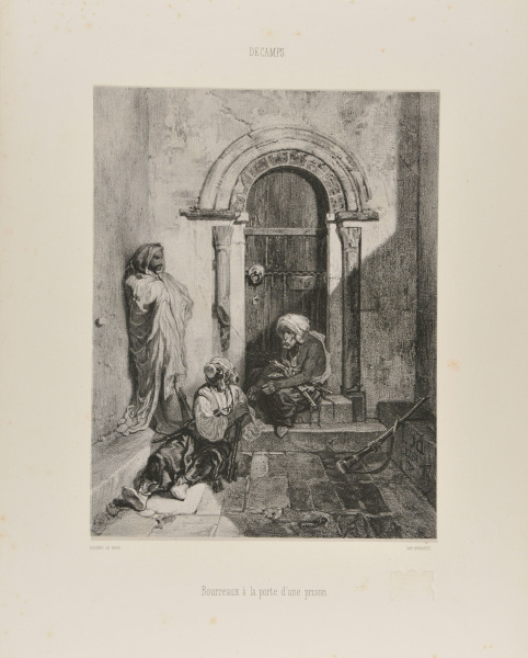 THREE EXECUTIONERS OUTSIDE AN ARCHED DOORWAY OF A PRISON
