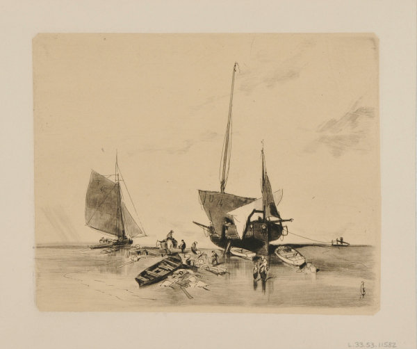 TWO SAILBOATS ON THE SAND WITH THREE DINGHYS