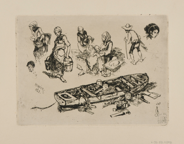 THREE SKETCHES: BOAT, WOMAN HOLDING TWO BUCKETS, A MAN IN BROAD-BRIMMED HAT