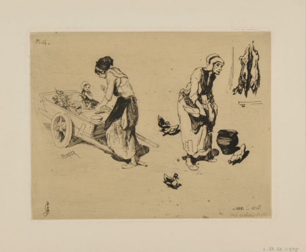 WOMAN PUSHING A BABY IN A CART, WOMAN IN A BARNYARD