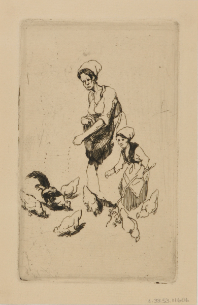 SKETCH PLATE WITH WOMAN FEEDING CHICKENS