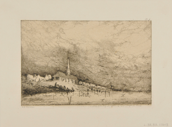 Village avec église au bord de la mer