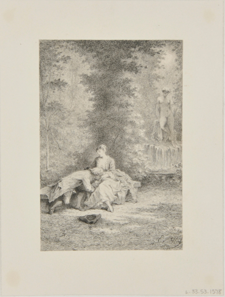 COUPLE IN A GARDEN BY A FOUNTAIN