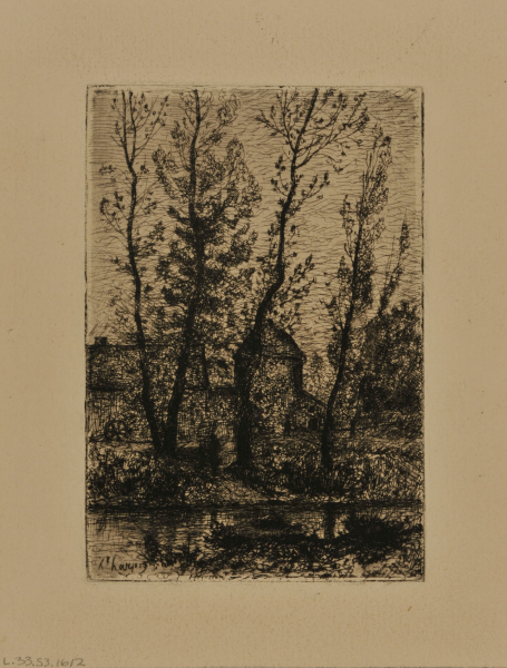 Landscape: Trees beside a River with Turreted Building in the Background