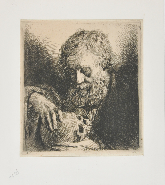 Bust of a bearded man contemplating a skull