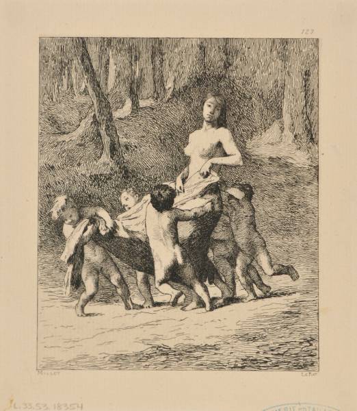 WOMAN CARRIED BY CUPIDS