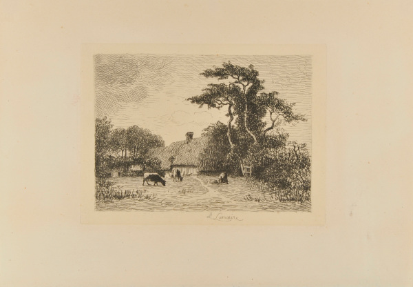 Farmyard with two cows and a woman bending over