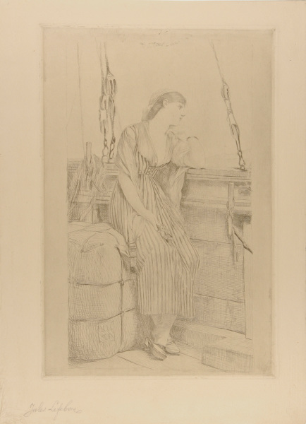 Woman leaning on the side of a boat, looking to shore