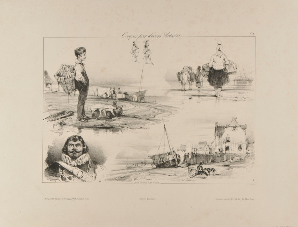 SHEET OF STUDIES: BOY WITH BASKET ON HIS BACK, HEAD OF A MAN, FISHERMAN AND DOG