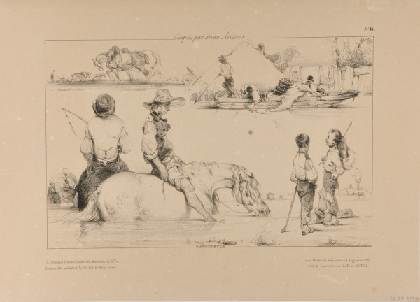 SHEET OF STUDIES: MEN ON HORSEBACK IN THE RIVER, CHILDREN WITH POLES OVER THEIR SHOULDERS, ETC.