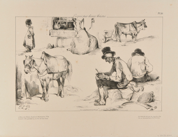 SHEET OF STUDIES: MAN EATING SOUP, YOKED CATTLE, SEATED GOAT ETC.