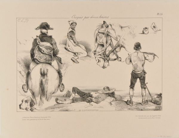 SHEET OF STUDIES: MAN ON HORSEBACK, SEATED GIRL, HORSE'S HEAD ETC.