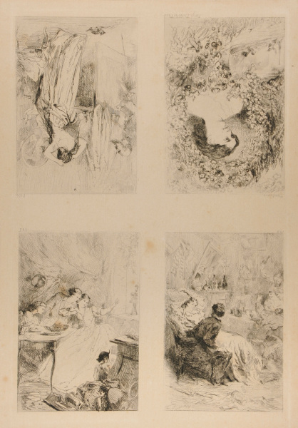 FRONTISPIECE AND THREE ILLUSTRATIONS TO "LES AVENTURES DE MADEMOISELLE MARIETTE" BY CHAMPFLEURY