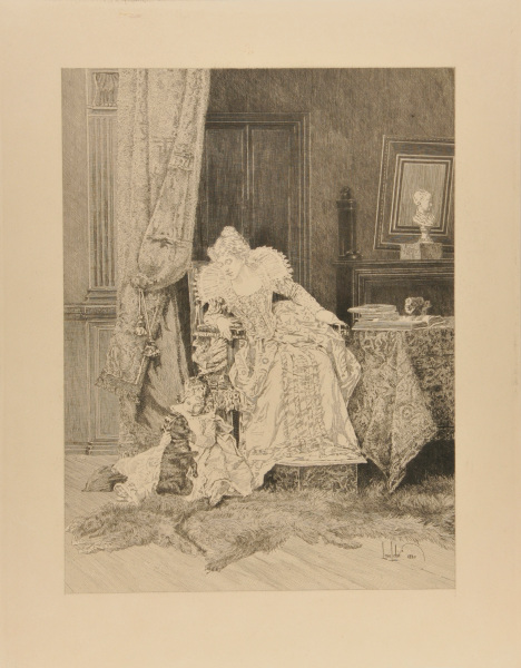 Woman watching a child playing with a dog