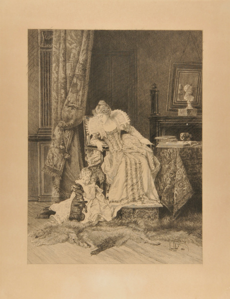 Woman watching a child playing with a dog