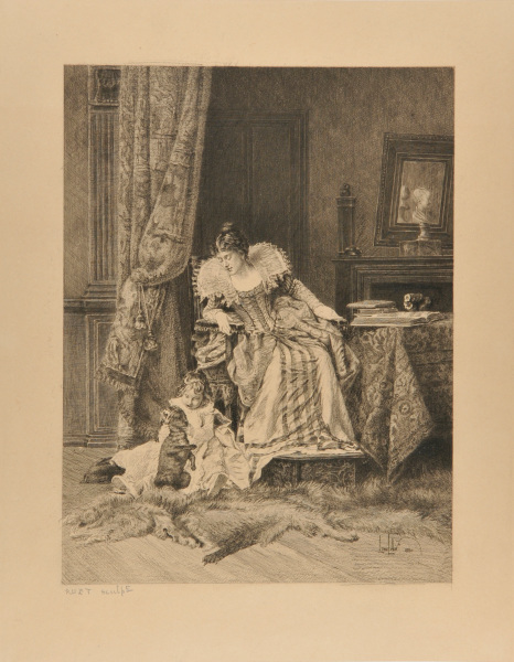 Woman watching a child playing with a dog