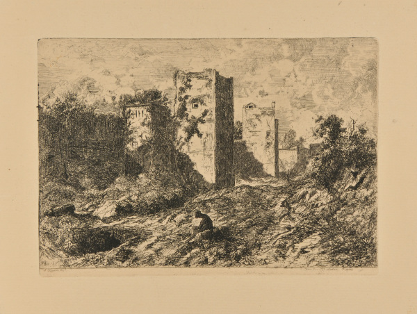 Landscape: Man Sitting with Head Bent near Ruined Towers
