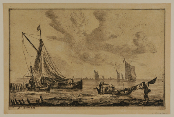 SHORE OF INLAND WATERWAY WITH A KETCH, TWO SMALLER BOATS, AND FISHERMEN