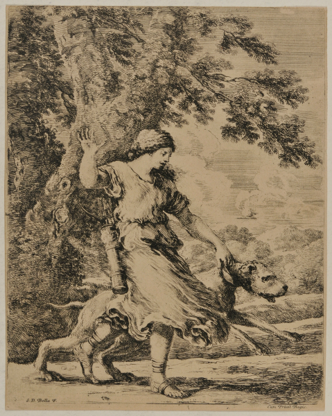 A NYMPH HOLDING A LARGE DOG BY ITS COLLAR