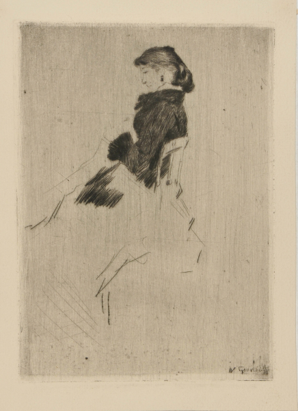 PROFILE OF SEATED YOUNG WOMAN SEWING