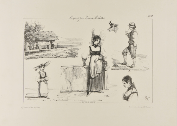 SKETCHES OF A CHALET, GOAT, MAN SMOKING PIPE, AND SWISS WOMEN