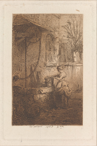 YOUNG WOMAN HOLDING A BUCKET AT THE EDGE OF A WELL