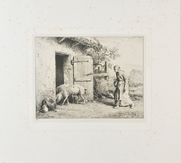 WOMAN RETURNING PIGS TO A STY