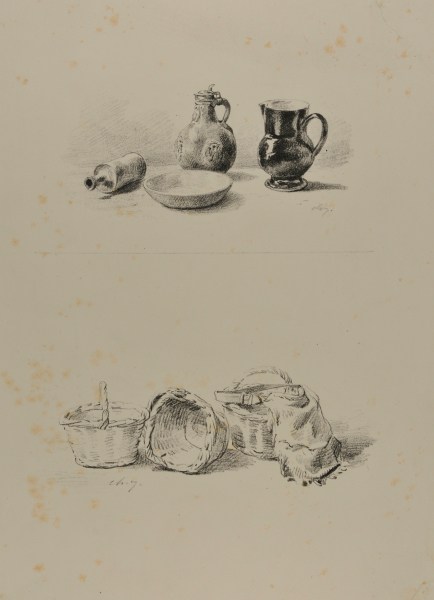 TWO JUGS, A BOTTLE, AND BOWL AND THREE BASKETS