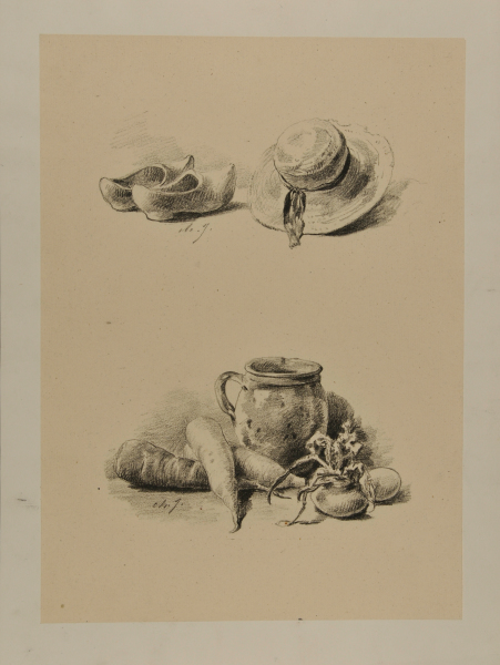 WOODEN SHOES AND A HAT, VEGETABLES AND A JUG