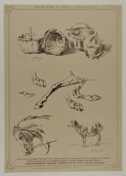 Three baskets, horse hooves, horse head and lamb