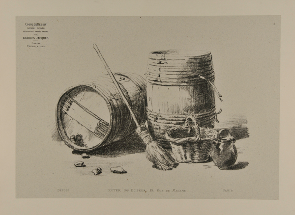 Two barrels, a broom, basket, and jug