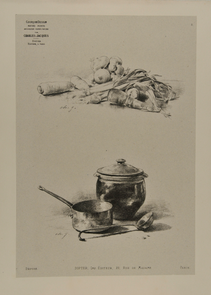 Onions and carrots, two pots and a ladle