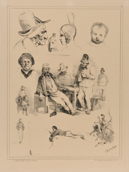 Sheet of sketches: Men drinking in the center