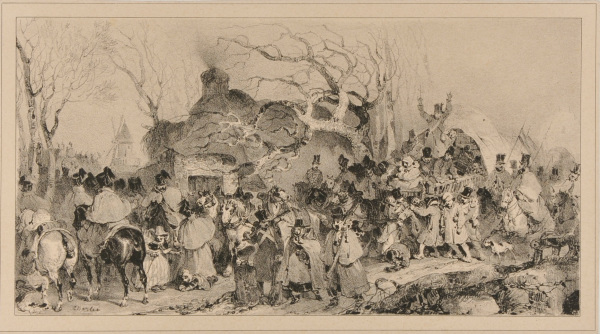 Army on the road, windmill in the background