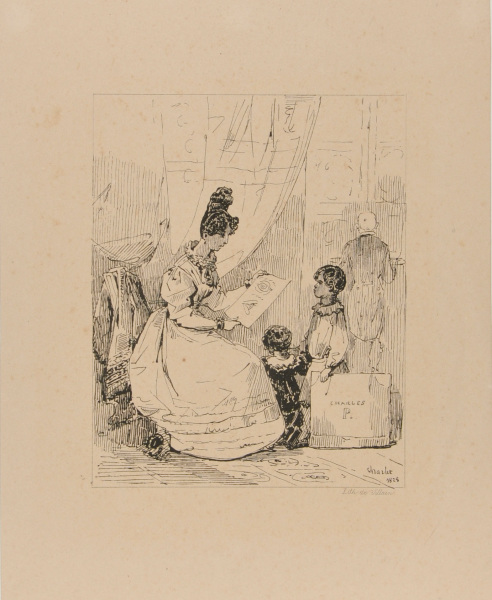 CHILD SHOWING HIS DRAWINGS TO A WOMAN