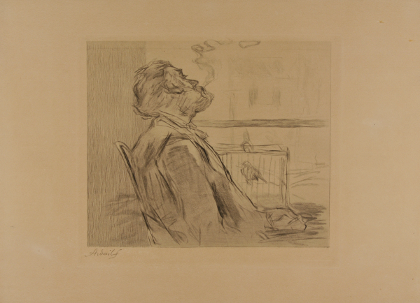 SMOKER NEXT TO A BIRD IN A CAGE