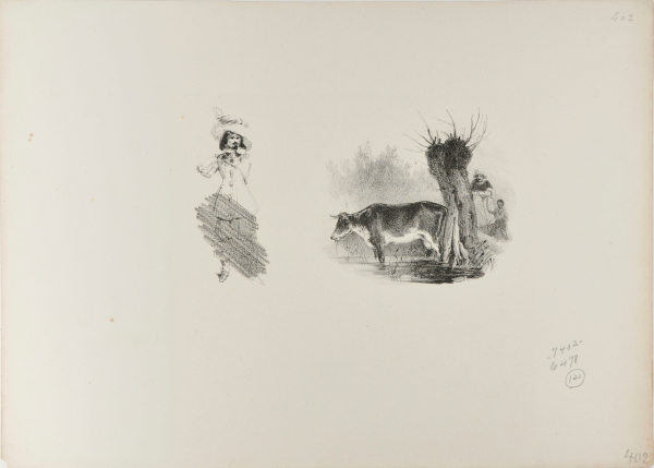 Sheet of sketches: man in plumed hat; cow