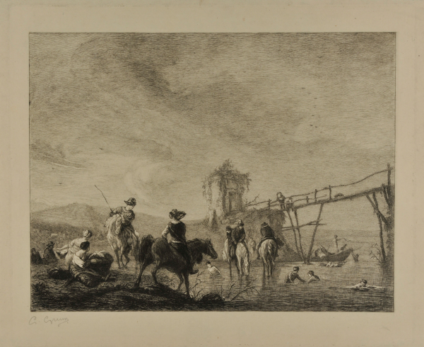 Washerwomen, Bathers and Horsemen by a River