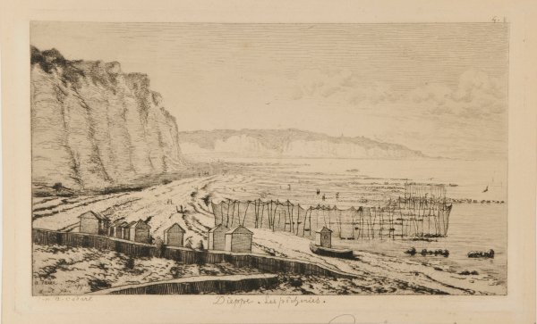 VIEW OF THE BEACH AT DIEPPE, WITH FISHING COTTAGES AND NETS