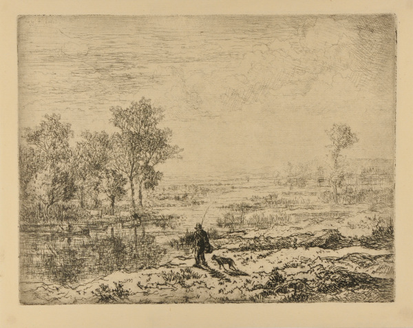 THE FISHERMAN AND HIS DOG ON THE BANKS OF THE RIVER