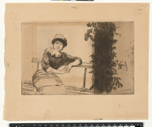 STUDY IN MY GARDEN: WOMAN IN HAT SITTING ON A BENCH